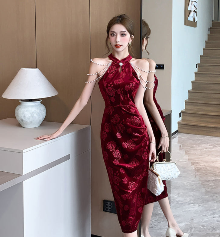 Pearl Strap Halter Collar Cheongsam Long Dress (S)
