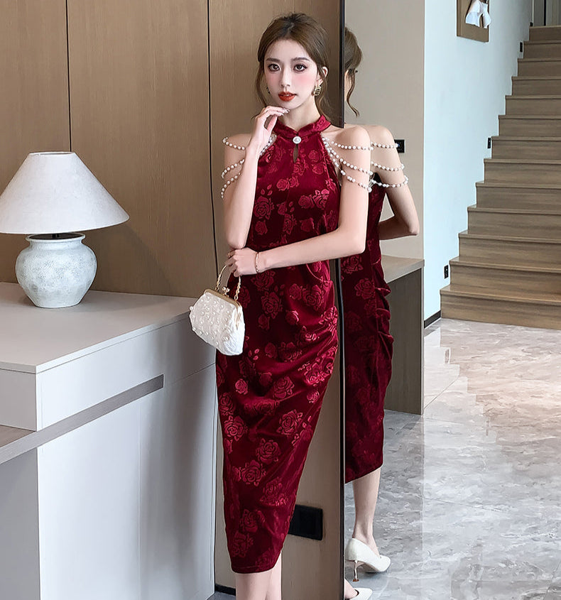 Pearl Strap Halter Collar Cheongsam Long Dress (S)
