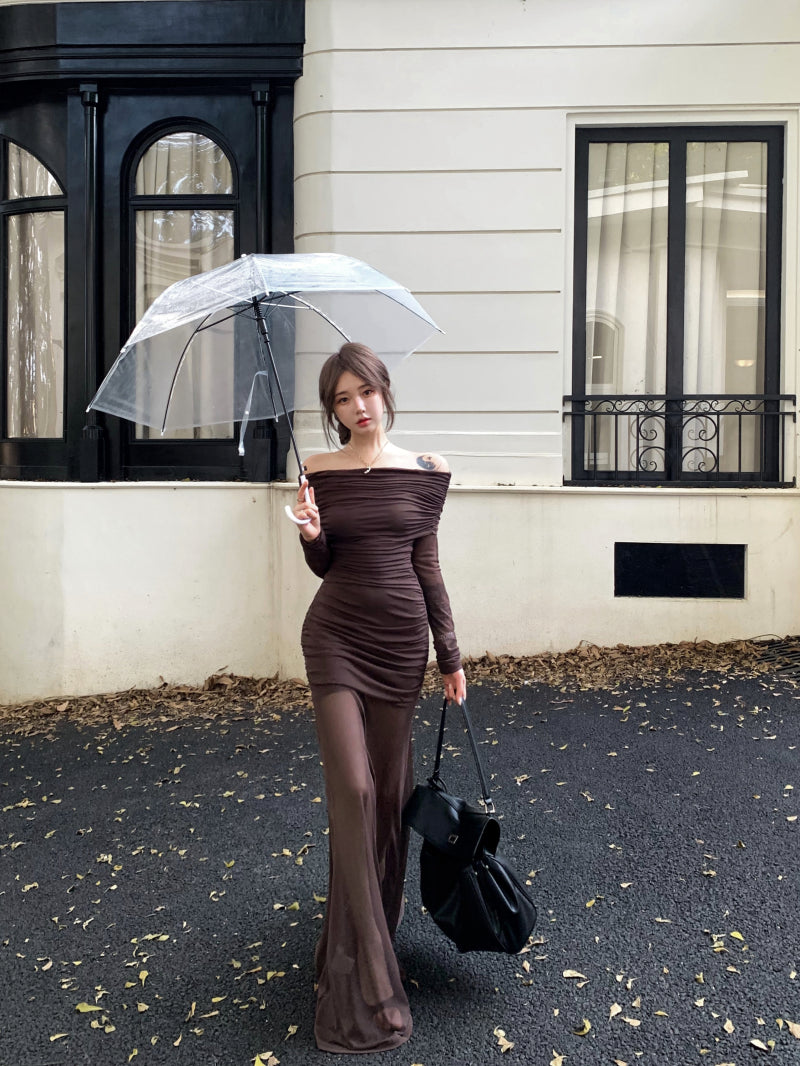 Brown Off Shoulder Mesh Dress