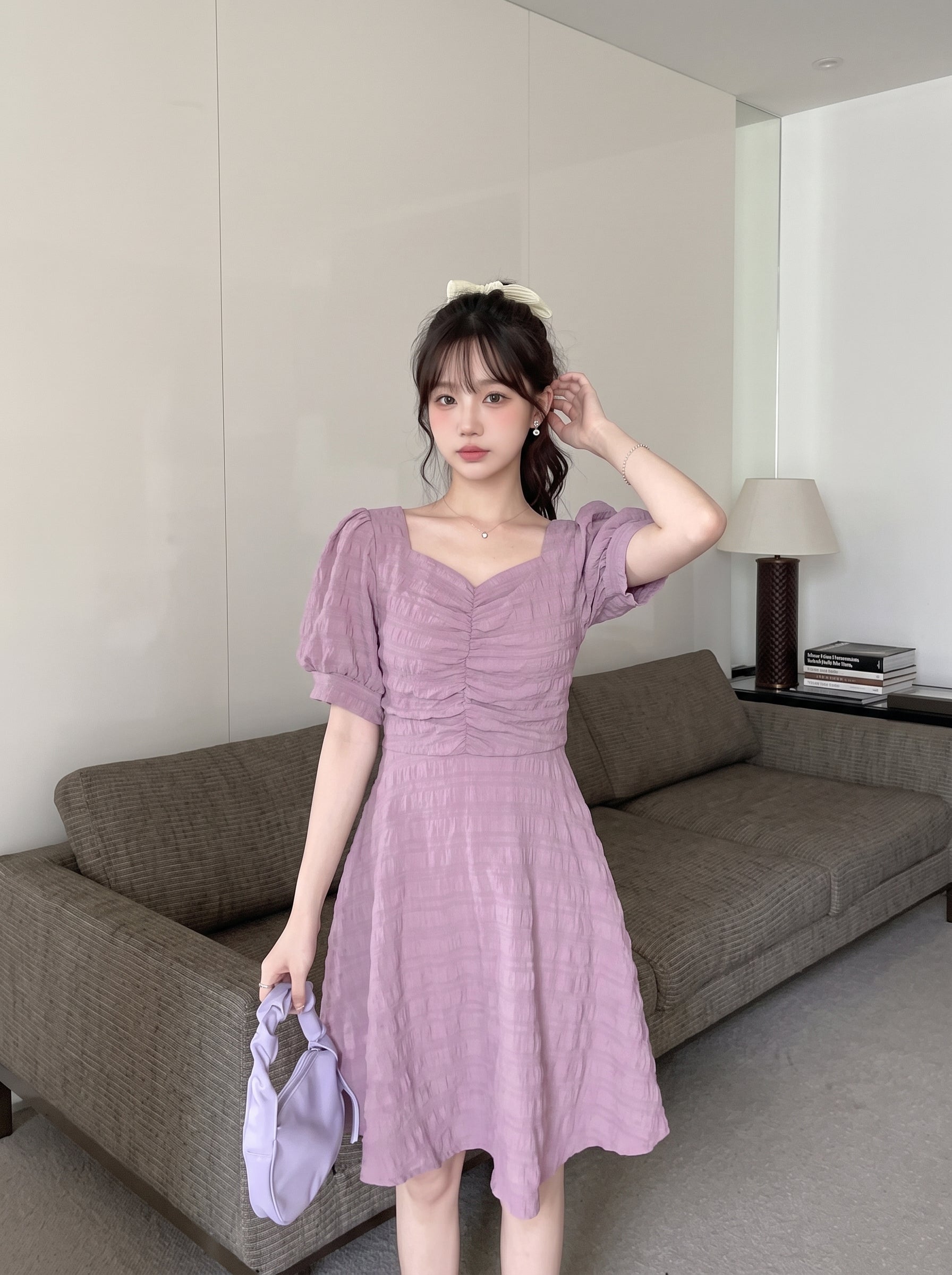 Purple Puff Sleeve Cross Back Short Dress