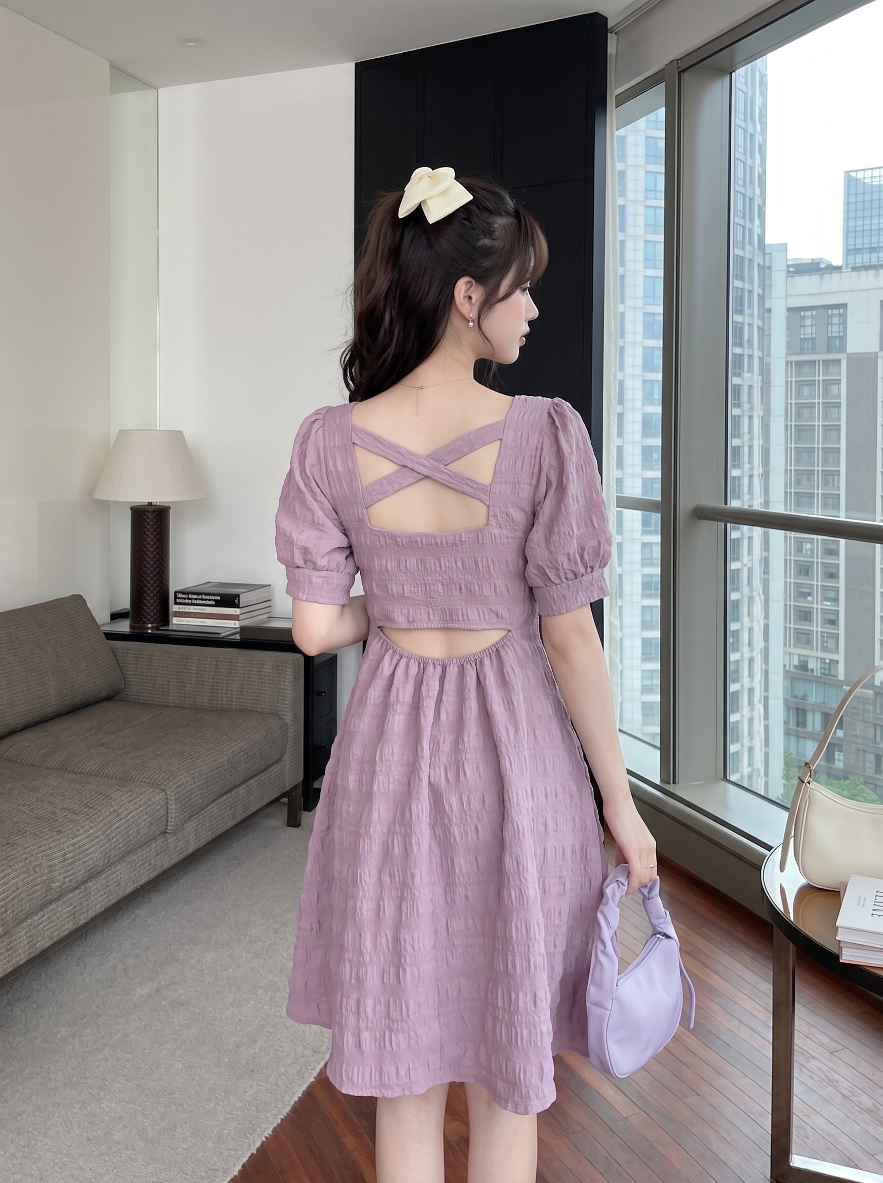 Purple Puff Sleeve Cross Back Short Dress