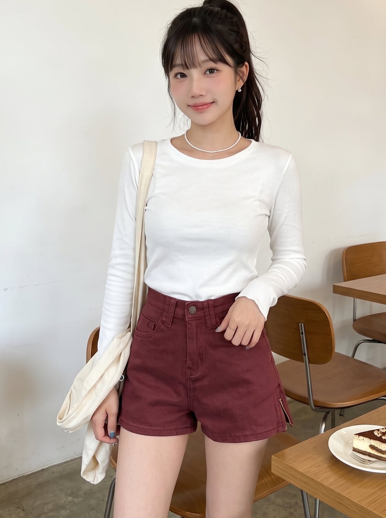 A woman stands in a cafe setting wearing a white ribbed long-sleeve top and burgundy shorts, carrying a cream canvas shoulder bag.