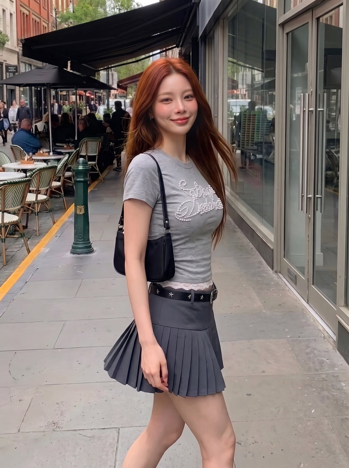 Middle Waist Pleated Skirt ( Grey-L)