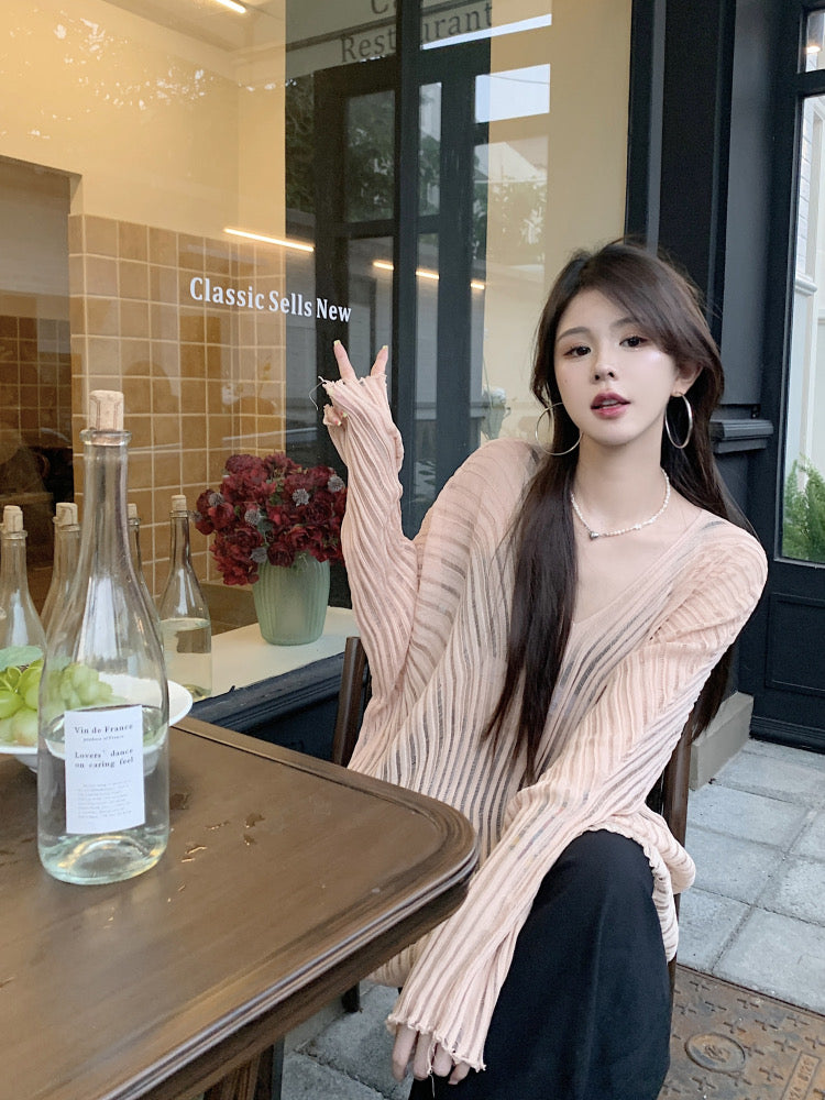 V Collar Long Sleeve Beige Knitted Top