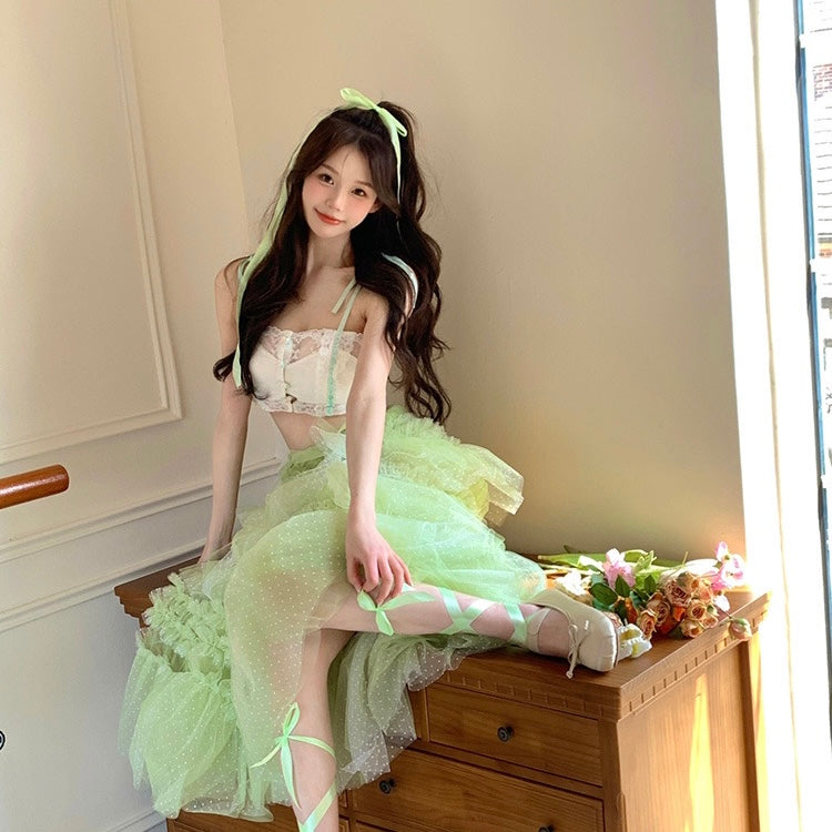 White Top + Green Mesh Skirt Two Piece Set