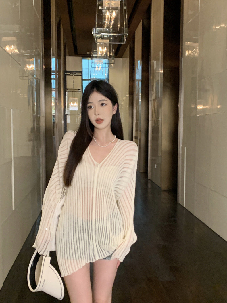V Collar Long Sleeve Beige Knitted Top