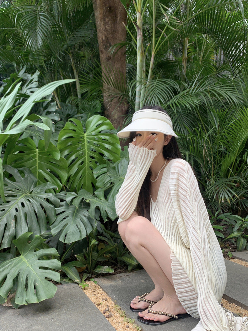 V Collar Long Sleeve Beige Knitted Top
