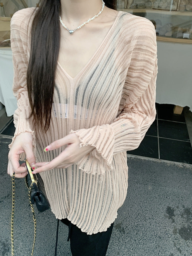 V Collar Long Sleeve Beige Knitted Top