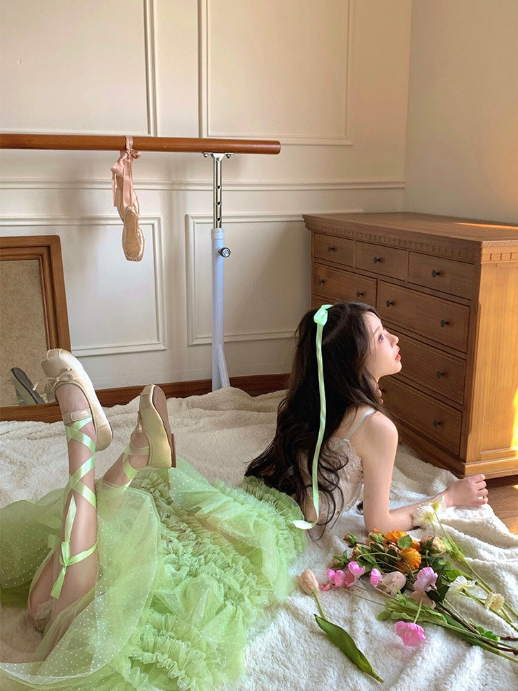 White Top + Green Mesh Skirt Two Piece Set