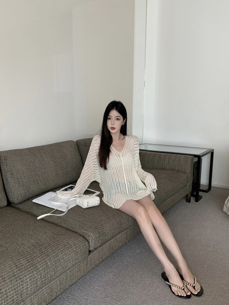 V Collar Long Sleeve Beige Knitted Top