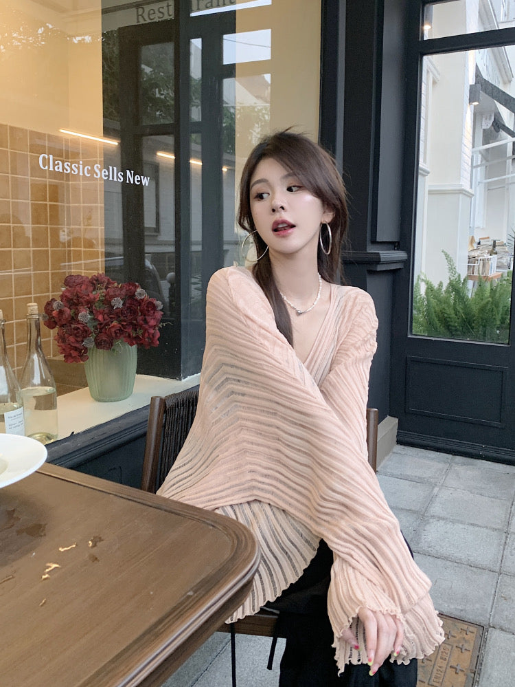 V Collar Long Sleeve Beige Knitted Top
