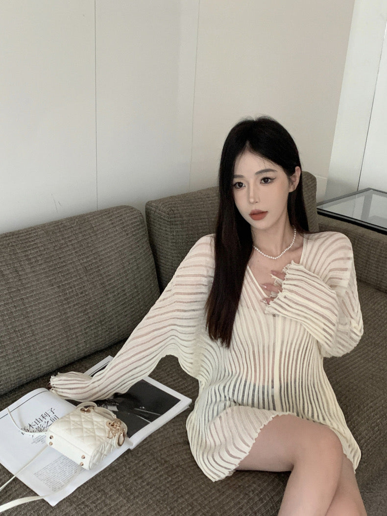 V Collar Long Sleeve Beige Knitted Top