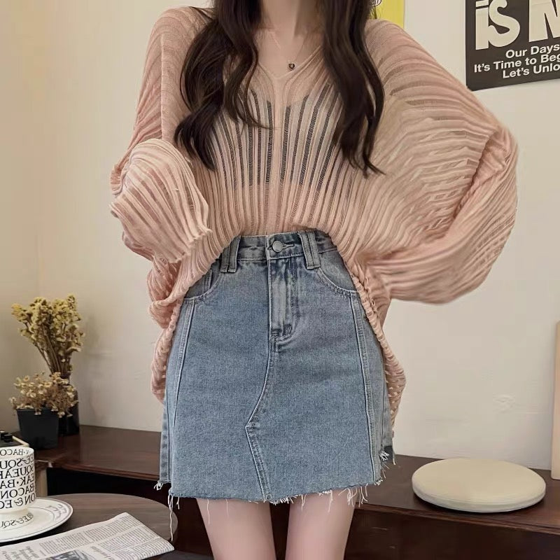 V Collar Long Sleeve Beige Knitted Top