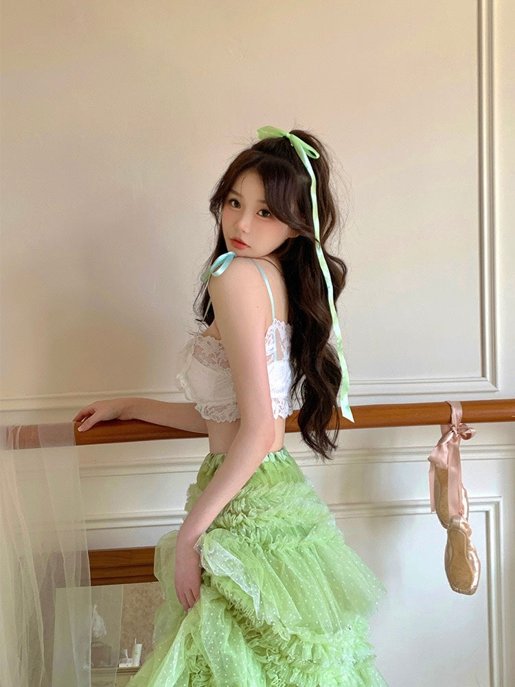 White Top + Green Mesh Skirt Two Piece Set
