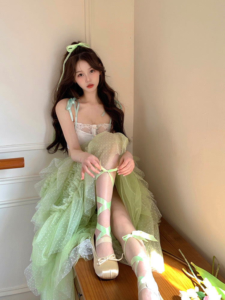 White Top + Green Mesh Skirt Two Piece Set