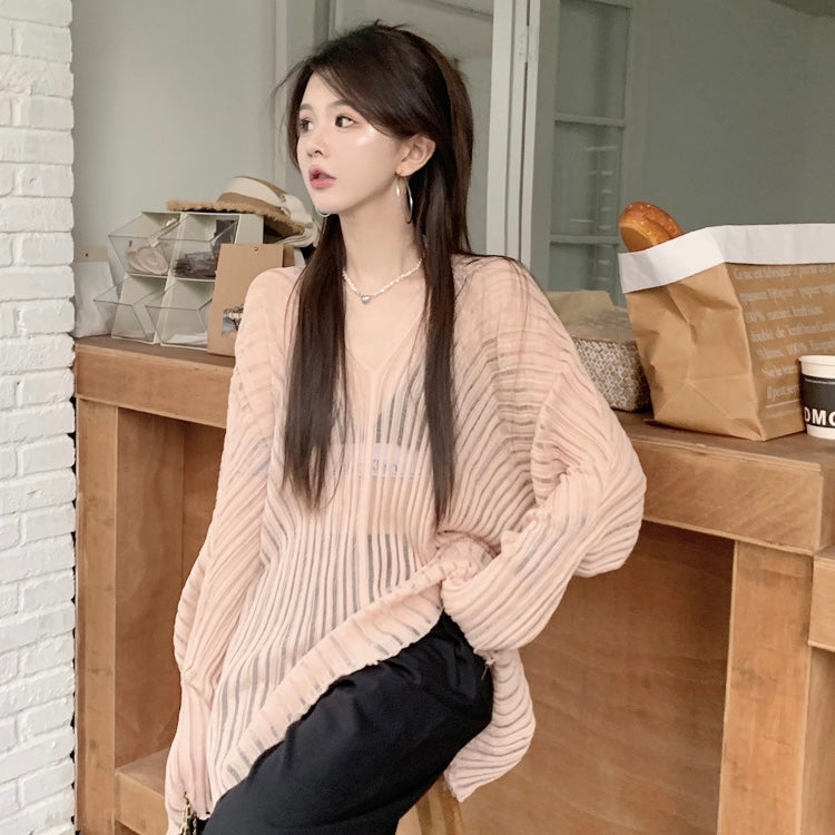 V Collar Long Sleeve Beige Knitted Top
