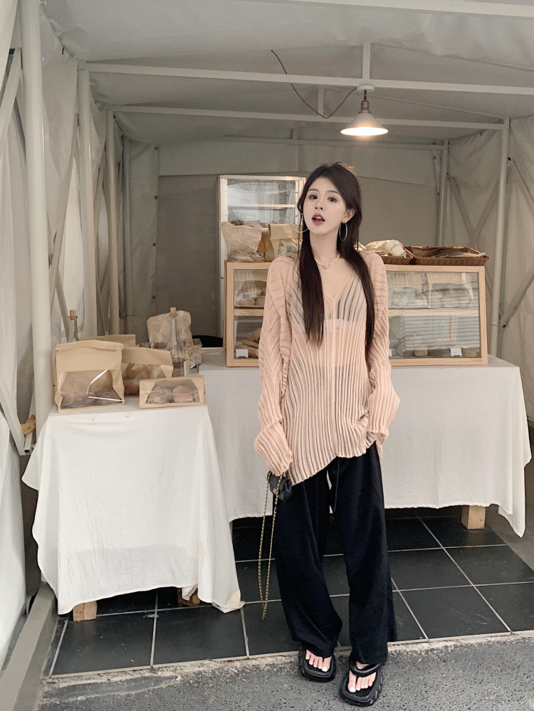 V Collar Long Sleeve Beige Knitted Top