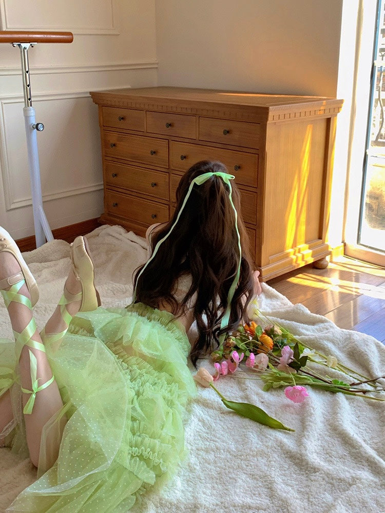 White Top + Green Mesh Skirt Two Piece Set