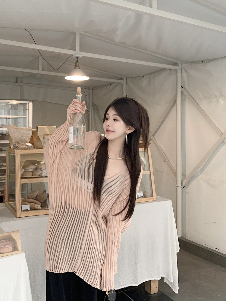 V Collar Long Sleeve Beige Knitted Top