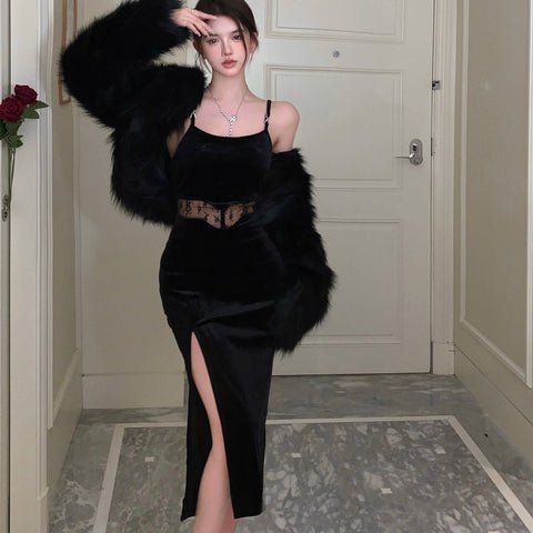 Lacey Waist Black Long Dress (3XL)