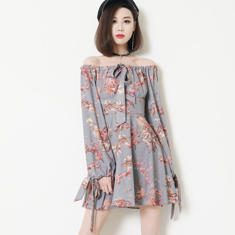 F033 Off Shoulder Floral Grey Dress - Hearts & Kisses