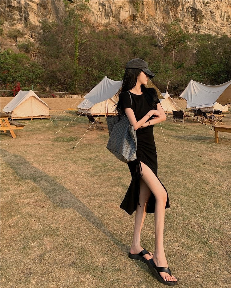 Ines Casual Side Tie Long Dress (Black)