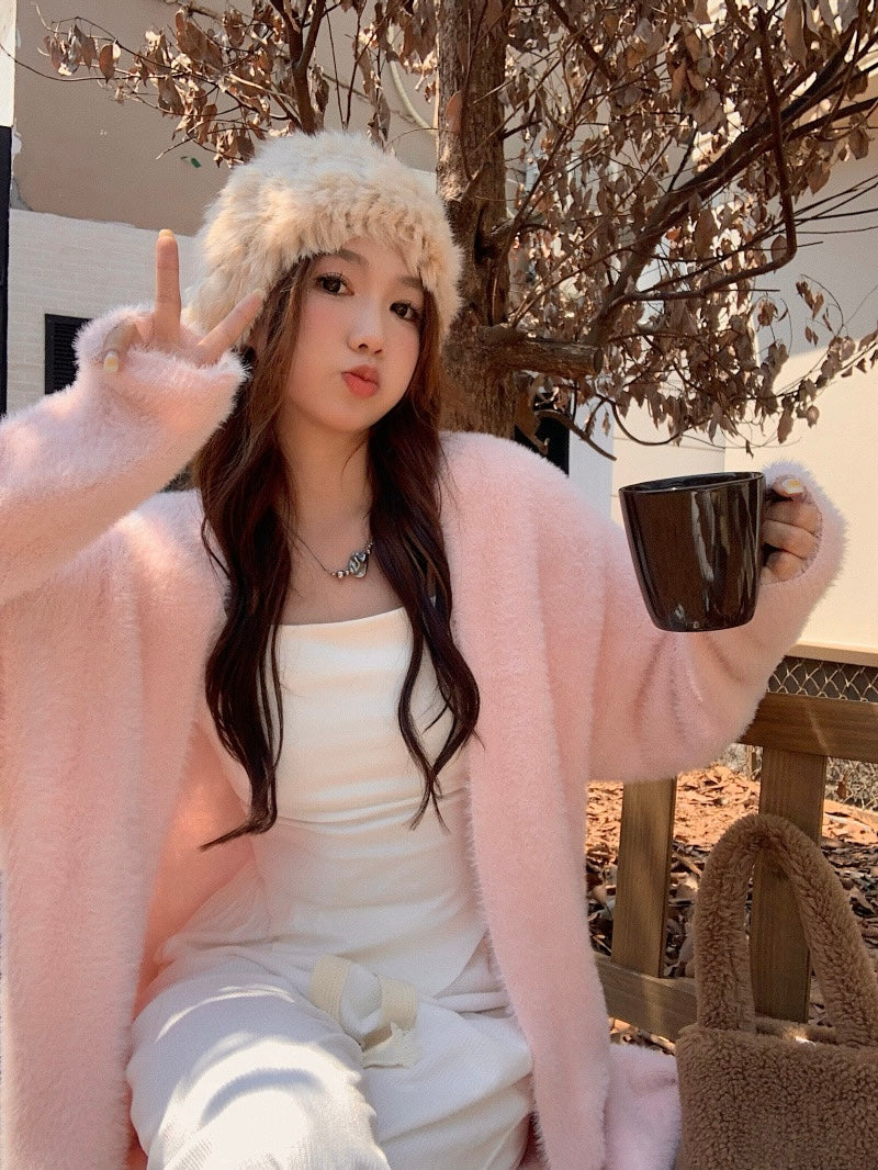 Amelia Fuzzy Long Cardigan Top/ Outerwear (Cream)