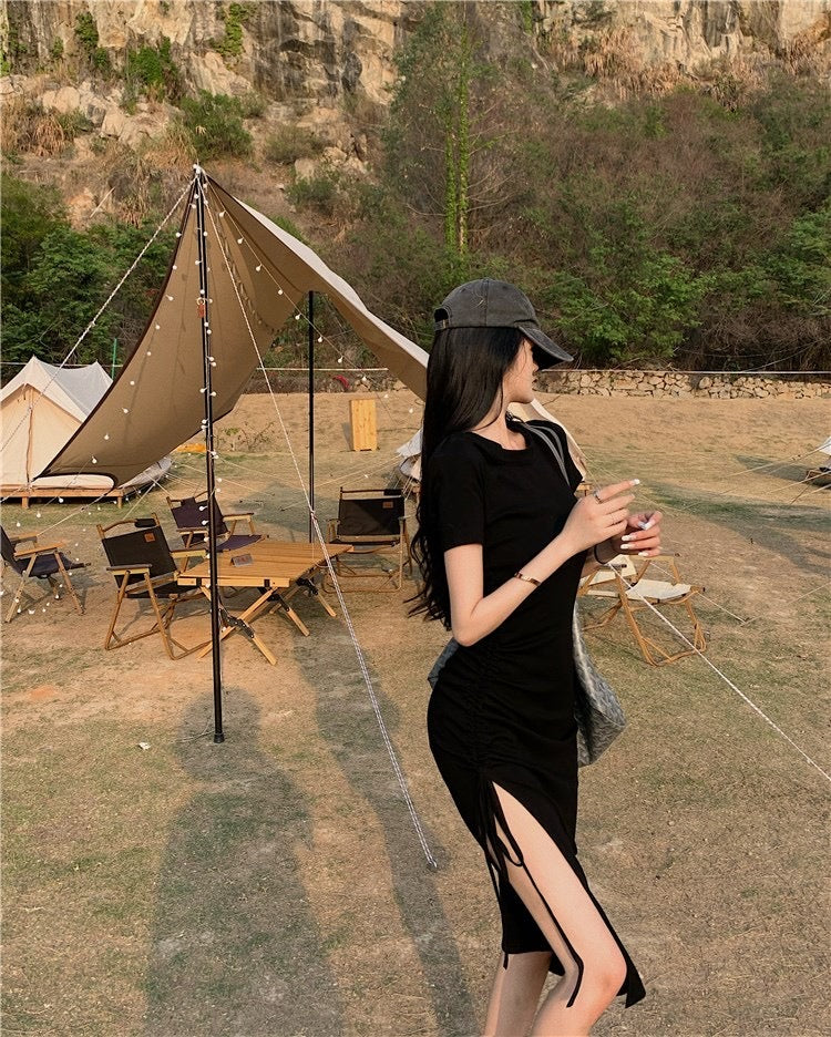 Ines Casual Side Tie Long Dress (Black)