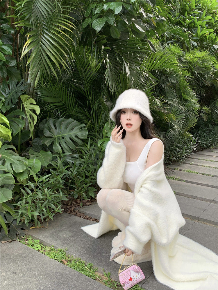 Amelia Fuzzy Long Cardigan Top/ Outerwear (Cream)