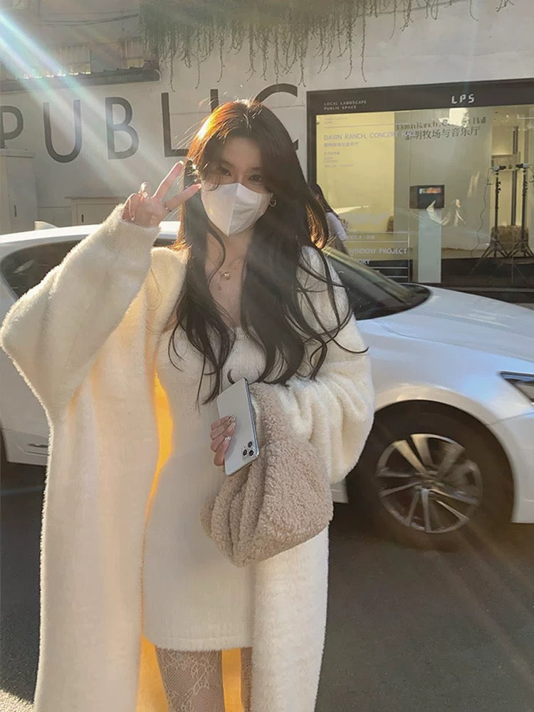 Amelia Fuzzy Long Cardigan Top/ Outerwear (Cream)