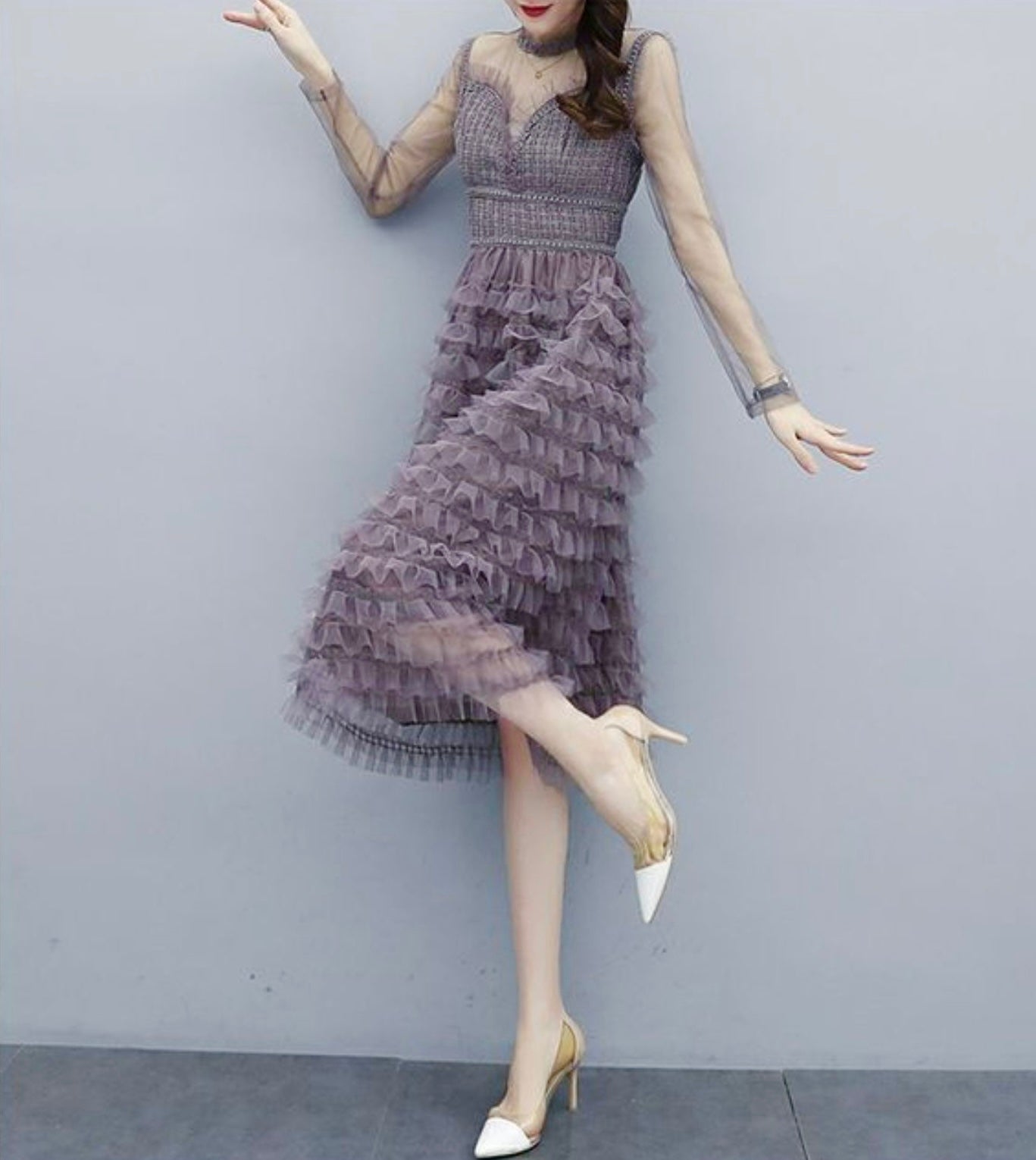 Owee Mesh Long Sleeve Dress (Purple)