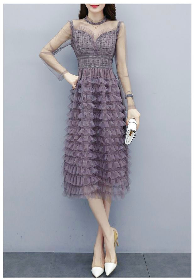 Owee Mesh Long Sleeve Dress (Purple)