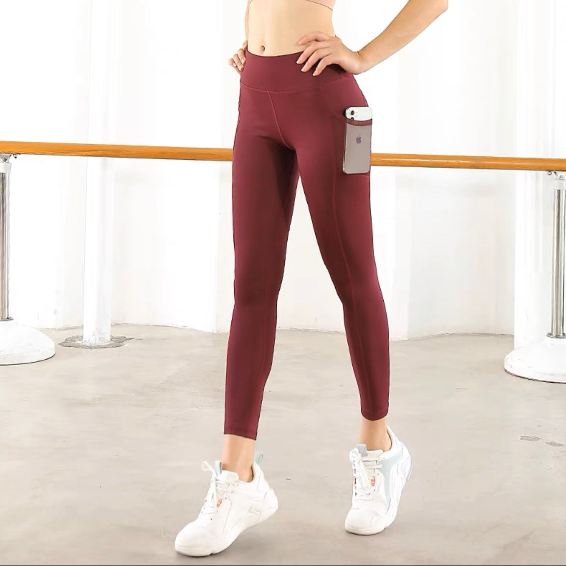 FT008 Middle Waist Side Pocket Legging Pants (Navy, Wine Red-S)