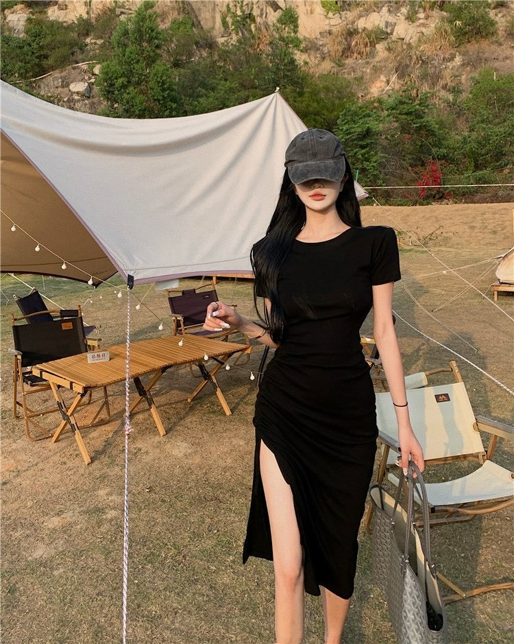 Ines Casual Side Tie Long Dress (Black)