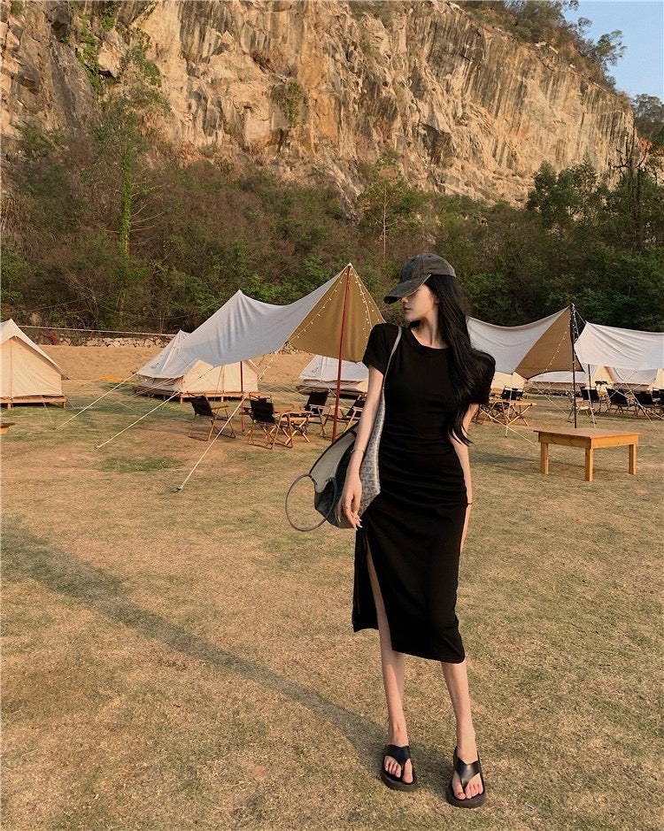 Ines Casual Side Tie Long Dress (Black)