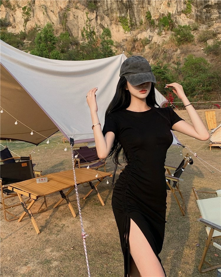 Ines Casual Side Tie Long Dress (Black)