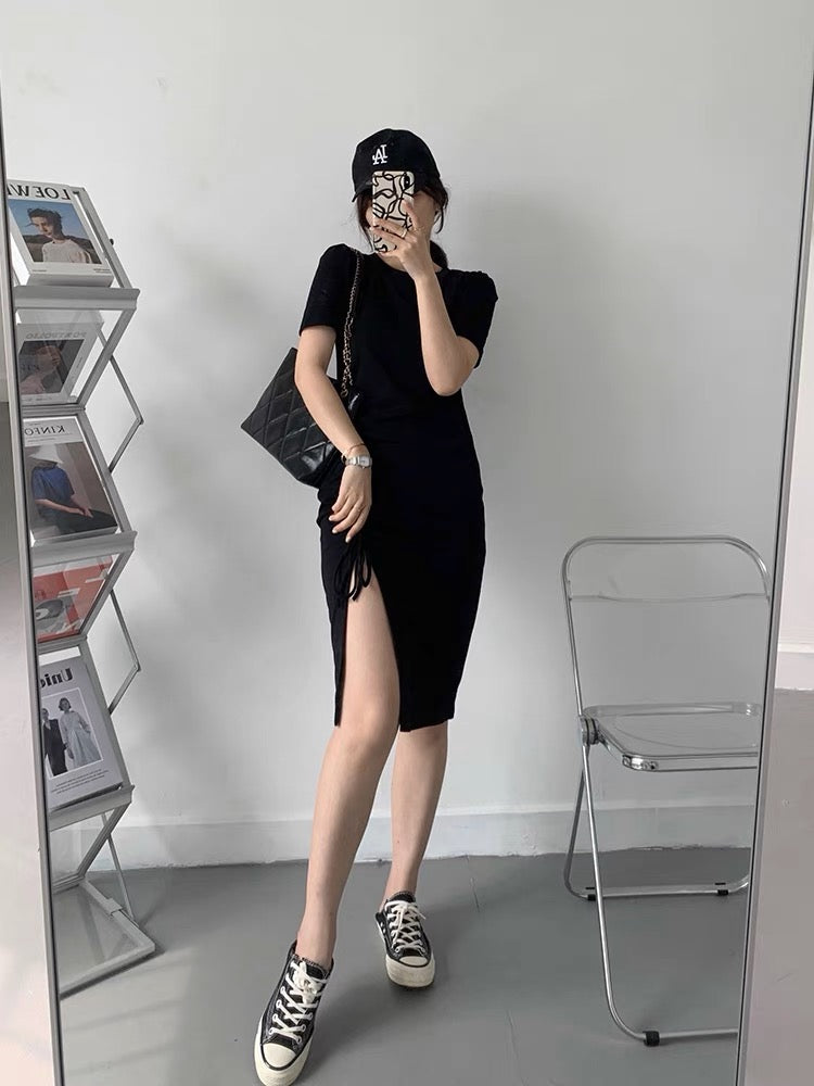 Ines Casual Side Tie Long Dress (Black)