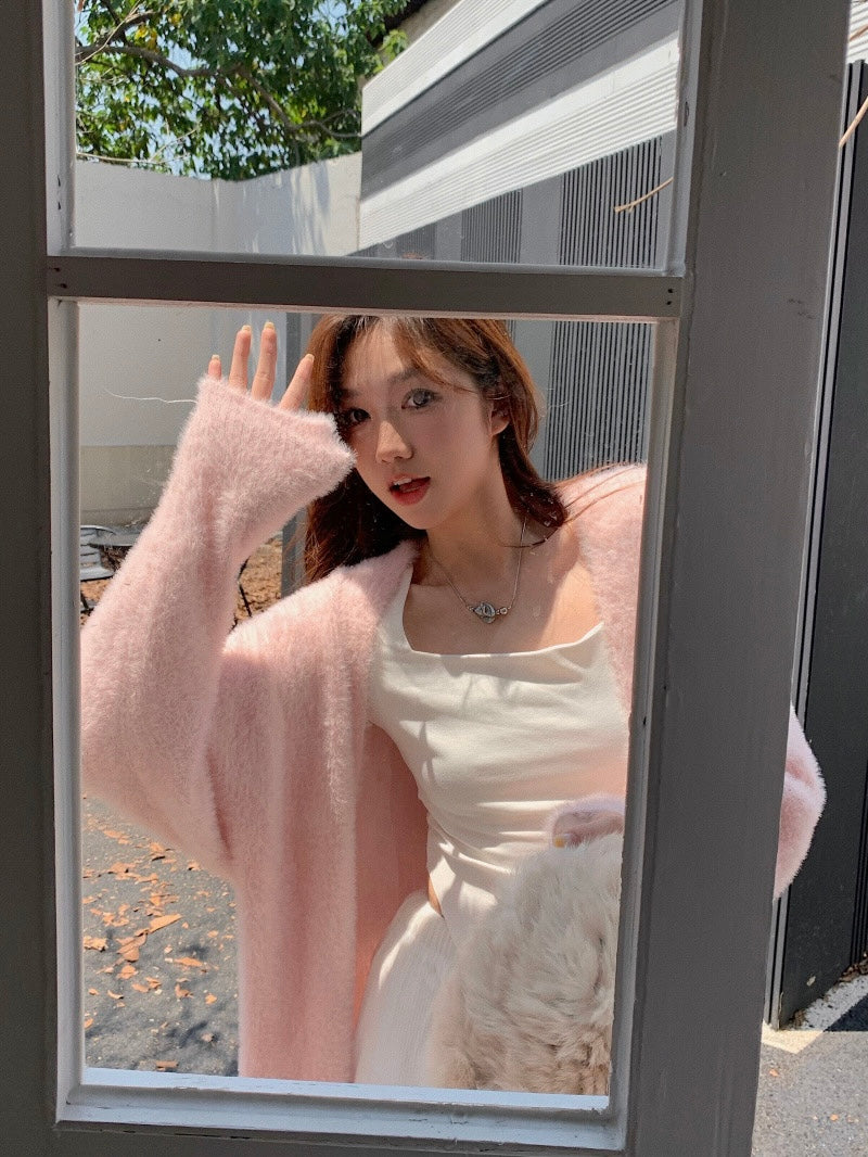 Amelia Fuzzy Long Cardigan Top/ Outerwear (Cream)