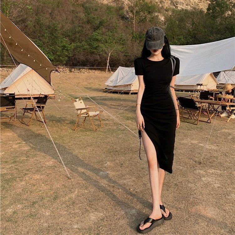 Ines Casual Side Tie Long Dress (Black)
