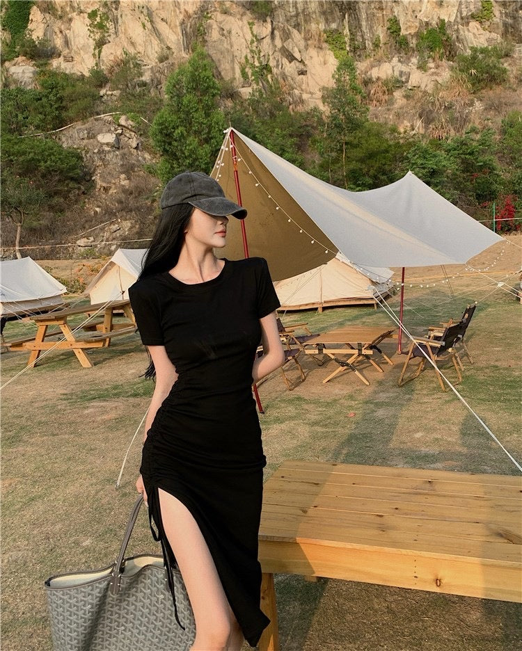 Ines Casual Side Tie Long Dress (Black)