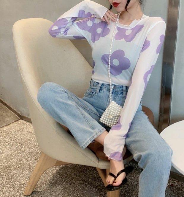 PD031 Floral Long Sleeve Mesh Top - Hearts & Kisses