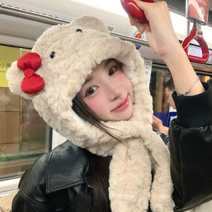 Red Bow Teddy Milktea Fuzzy Hat