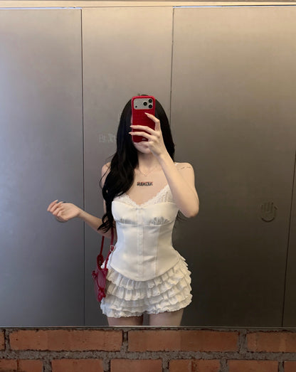 White Lace Mix Silk Top + Shorts