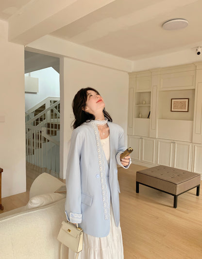 Blue Mix Lace Blazer Long Sleeve Jacket with Strap