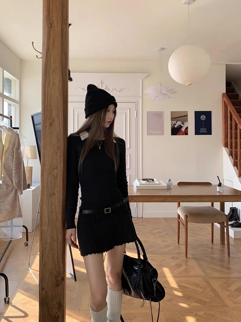 White Collar Black Long Sleeve Dress with Belt