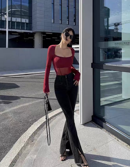 Mesh Waist Long Sleeve Top