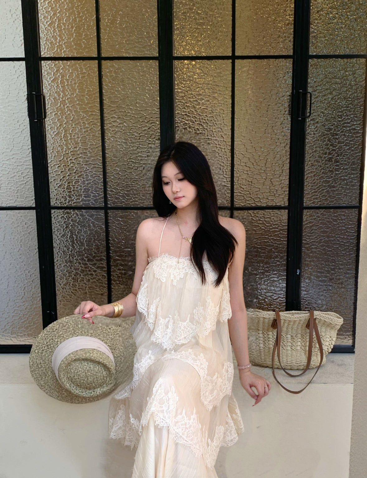 Chiffon Mix Lace Thin Bareback Long Dress