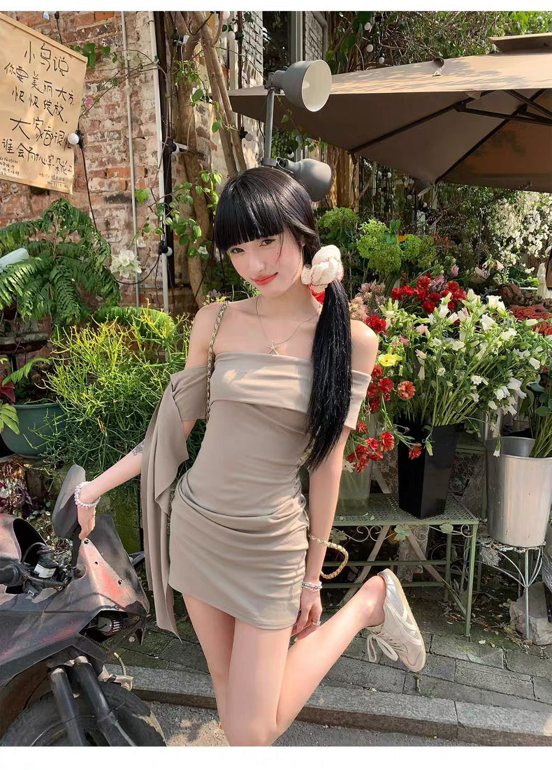 Khaki Off Side Shoulder Tube Dress
