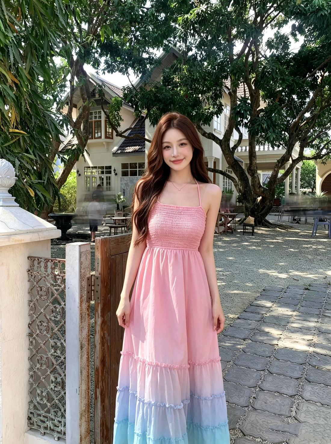 Ombre Pink Bareback Maxi Long Dress