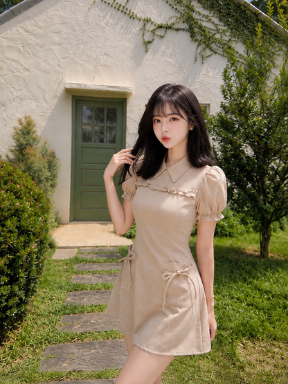 Khaki Puff Sleeve Mini Dot Dress